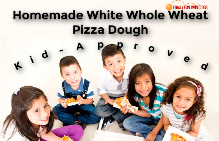 Kids eating pizza. Text: "Homemade White Whole Wheat Pizza Dough - Kid Approved. "