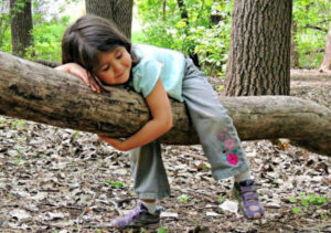 Small girl hugging a tree limb at Dodge Nature Center Nature Play Area in West St. Paul, Minnesota