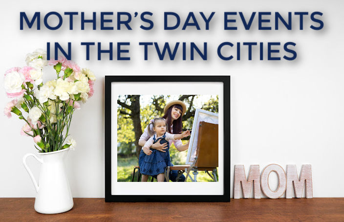 Mother's Day Events in the Twin Cities - Table display with flowers, a photo of mom and daughter painting and a "Mom" block.