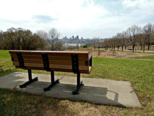 Bench overlooking the Saint Paul Skyline along a walking path in Indian Mounds Park, St. Paul, Minnesota