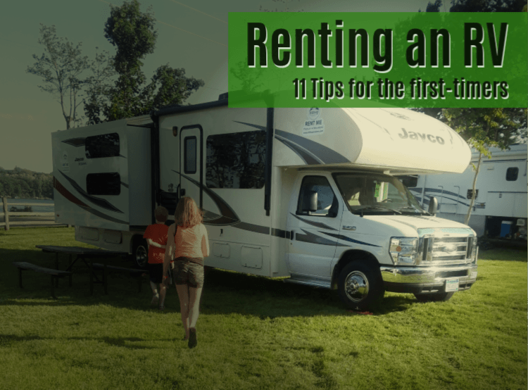 "Renting an RV: 11 Tips for the First Timers" Background kids walking towards an RV camper.
