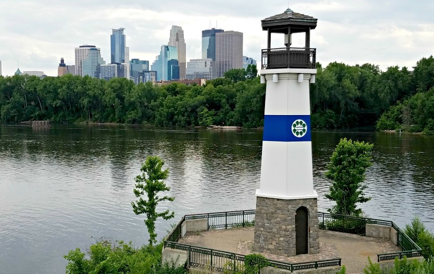 Boom Island Park Lighthouse on the Mississippi River overlooking downtown Minneapolis, Minnesota 