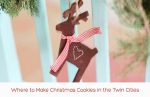 Reindeer cookie ornament hanging from tree "Where to Make Christmas Cookies in the Twin Cities"