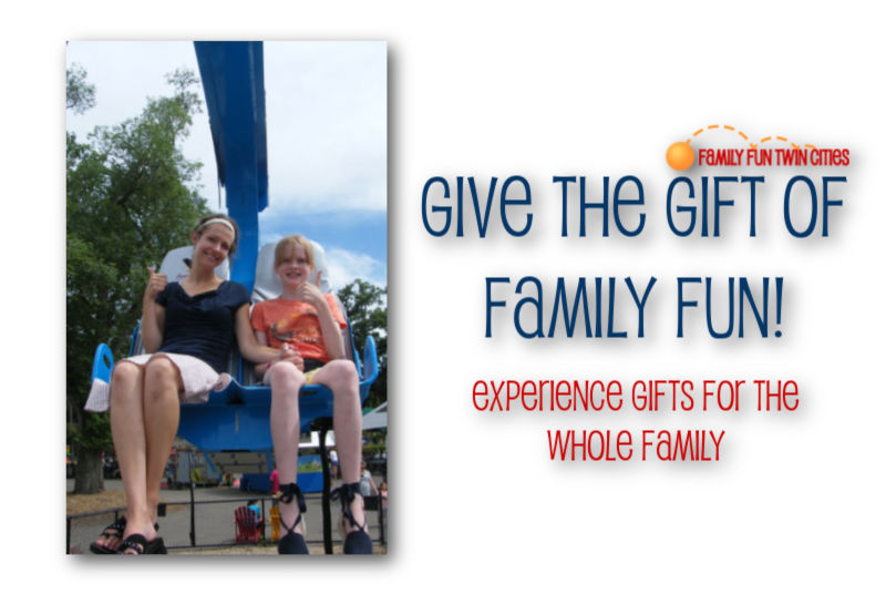 Woman and girl on an amusement park ride with thumbs up. Text: "Family Fun Twin Cities. Give the Gift of Family Fun! Experience gifts for the whole family.