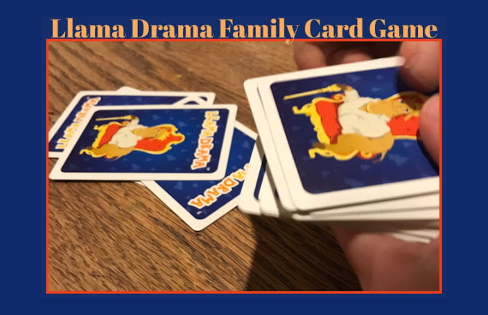 Text: Llama Drama Family Card Game, Hand dealing out Llama Drama cards.