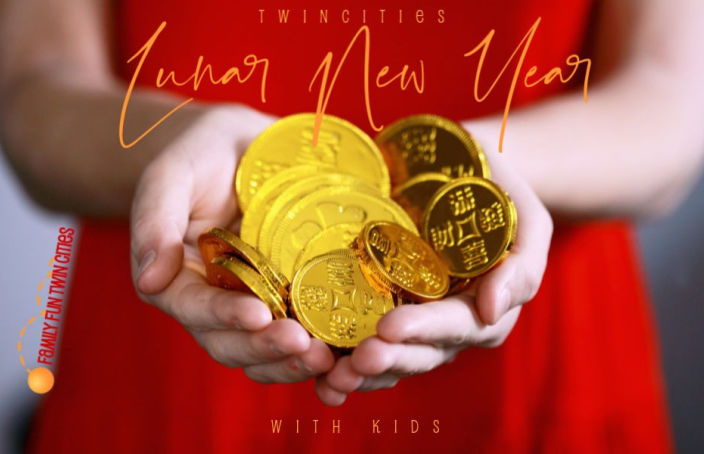 Text: "Twin Cities Lunar New Year with Kids". Background: Girl with red dress holding a handful of gold coins.