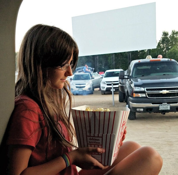 Girl with popcorn at Vali-Hi Drive In Theater in Minnesota