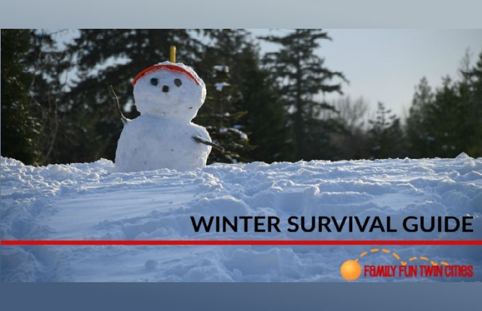 Snowman with a red hat waving: "Winter Survival Guide. Family Fun Twin Cities."