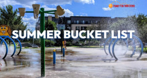 Text: Summer Bucket List; Background: Kelley Park Splash Pad in St. Paul, Minnesota