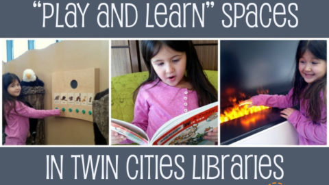 Girl enjoying children's space in Shoreview Library, Shoreview MN. Text: "Play and Learn" Spaces in Twin Cities Libraries. Family Fun Twin Cities.