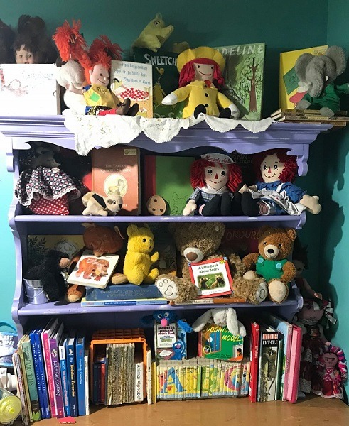 Bookshelf with kids books and toys/