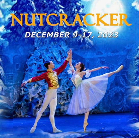 Scene from the Metropolitan Ballet Nutcracker Ballet 2023. Text: Nutcracker. December 9-17, 2023.