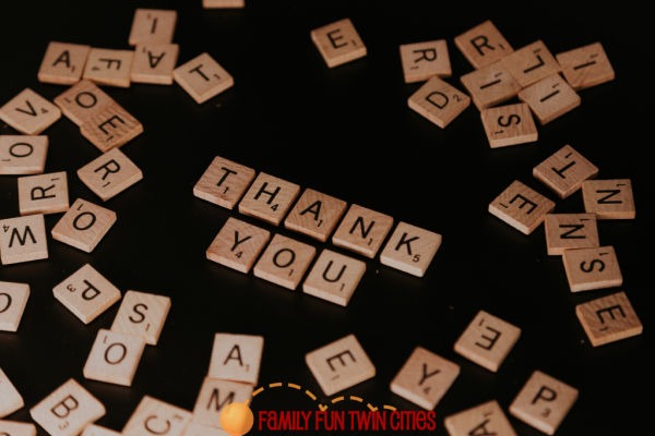 Thank you spelled with game tiles - Family Fun Twin Cities.