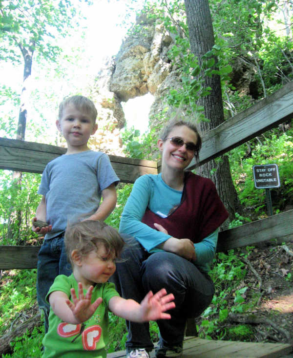 Family with newborn, toddler and preschooler hiking at Frontenac State Park in Minnesota