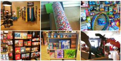 Collage of merchandise at Mischief Toy Store in Saint Paul, Minnesota