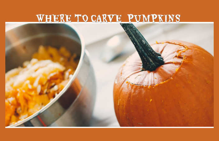 Pumpkin with a bowl of pumpkin guts: "Where to Carve Pumpkins"