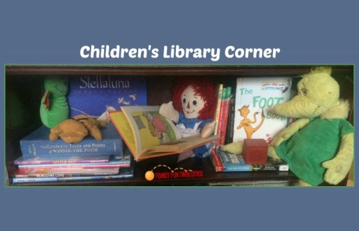 Bookshelf with children's books and toys. Text: "Children's Library Corner"