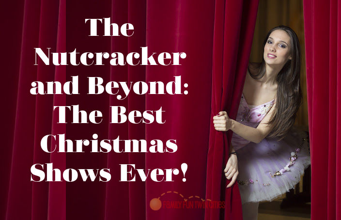 Ballet dancer peeking out from behind red curtain. Text: "The Nutcracker & Beyond: The Best Holiday Shows"