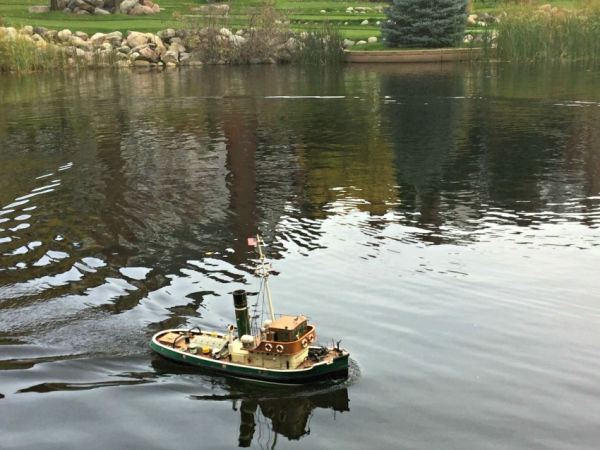 Remote control boat at Centennial Lakes Park in Edina, Minnesota