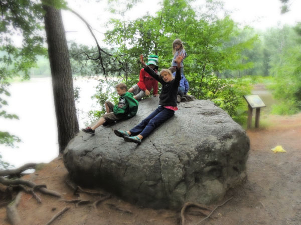 Five children climbing on a large boulder along the St. Croix River at William O'Brien State Park