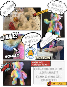 Comic Strip story of Elsa bathing in the stuffing of a build-a-bear and the bear getting re-stuffed in the store