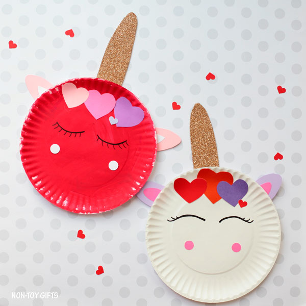 Red and white Unicorn Valentines made from paper plates by Non-Toy Gifts
