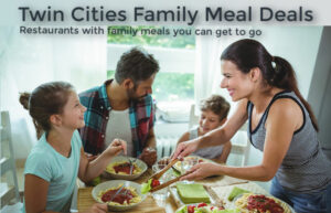 Family enjoying a take-out spaghetti & meatball meal: "Twin Cities Family Meal Deals. Restaurants with family meals you can get to go."