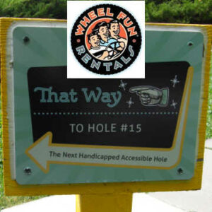 Sign pointing the way to the next hole at the mini golf course in Veterans Park, Richfield, Minnesota