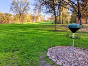 Disc golf basket Hansen Park in New Brighton, Minnesota