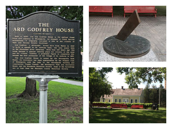 Collage showing historical marker, sun dial and exterior of Ard Godrey House in Chute Square Park, Minneapolis, MN
