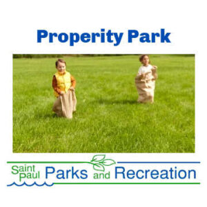 Two kids sack racing on a lawn. "Prosperity Park. Saint Paul Parks and Recreation."