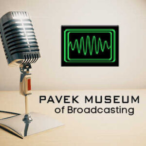 Microphone next to logo for Pavek Museum of Broadcasting