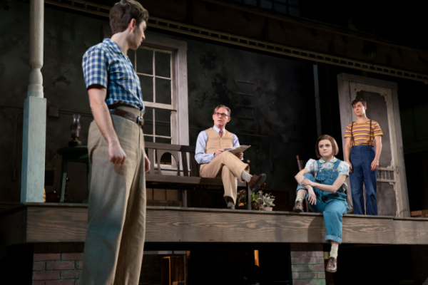 Jem, Atticus, and scout on the porch in To Kill A Mockingbird