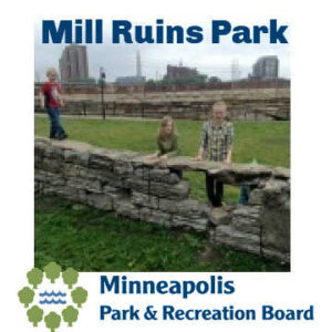 Kids exploring ruins at Mill Ruins Park in Minneapolis, Minnesota: Text: "Mill Ruins Park. Minneapolis Park & Recreation Board"