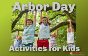 Kids hanging from tree branches: Text reads: Arbor Day Activities for Kids.