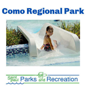 Girl sitting in the pool at Como Regional Park in St. Paul, Minnesota: Text says: "Como Regional Park. Saint Paul Parks & Recreation"