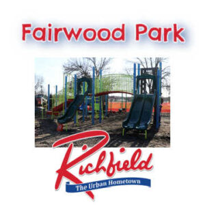 Playground at Fairwood Park in Richfield MN. Text says: "Fairwood Park. Richfield. The Urban Hometown."