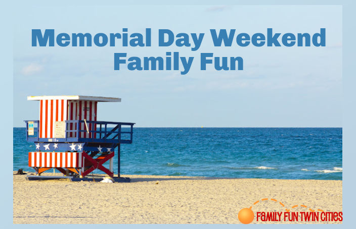 Red, White & Blue Guard House on a Beach: Text: "Memorial Day Weekend Family Fun. Family Fun Twin Cities."