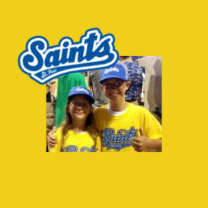 St. Paul Saints Logo and photo of two kids at game in Saints T-shirts and hats.