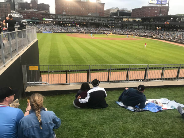Berm Seating for St. Paul Saints games is behind the outfield at CHS Field in Saint Paul, Minnesota