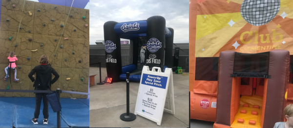 Pay activities in the play area at CHS Field in Saint Paul, MN - Climbing Wall, Pitching Tent, Bounce House