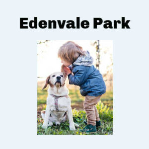 Text: Edenvale Park. Child with dog.