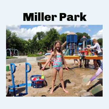 Girl in swimsuit playing on sandy playground at Miller Park in Eden Prairie, MN