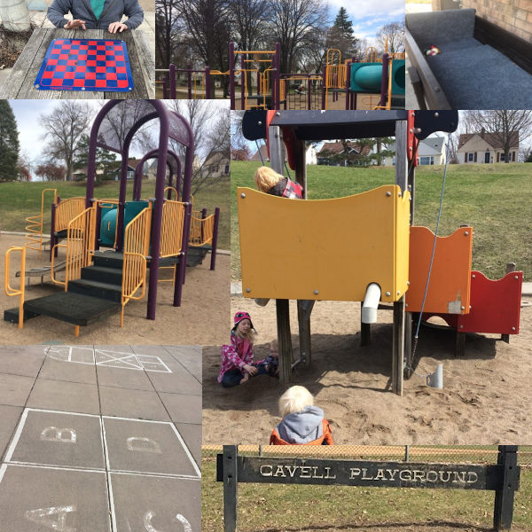 Collage of family-friendly amenities at Cavell Park in MInneapolis, MN: Chessboard table, tot lot, playground, four square and hopscotch courts, "Cavell Playground" sign.