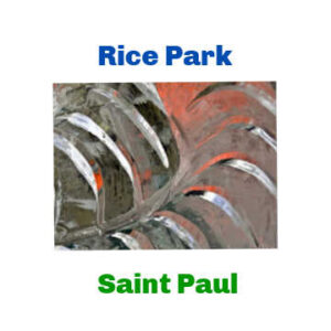 Close up of an ice sculpture. Text: "Rice Park Saint Paul"