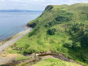 Overhead view of walking trail through Ruhba Hunish Ruins on the Isle of Skye, Scotland.