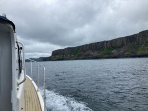 View from a boat of the Trotternish Harbor of Jurassic Coastline on Scotland's Isle of Skye.