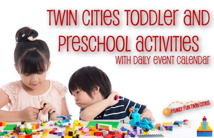 Preschool girl and toddler boy playing with interlocking bricks. Text: "Twin Cities Toddler and Preschool Activities with Daily Event Calendar."