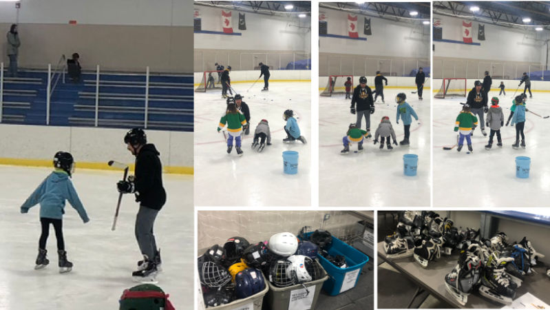 Collage f Kids learning about Hockey during Try Hockey Free Day at Northeast Ice Arena in Minneapolis, MN