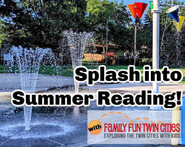 Splash into Summer Reading with water fountains and buckets at splash pad